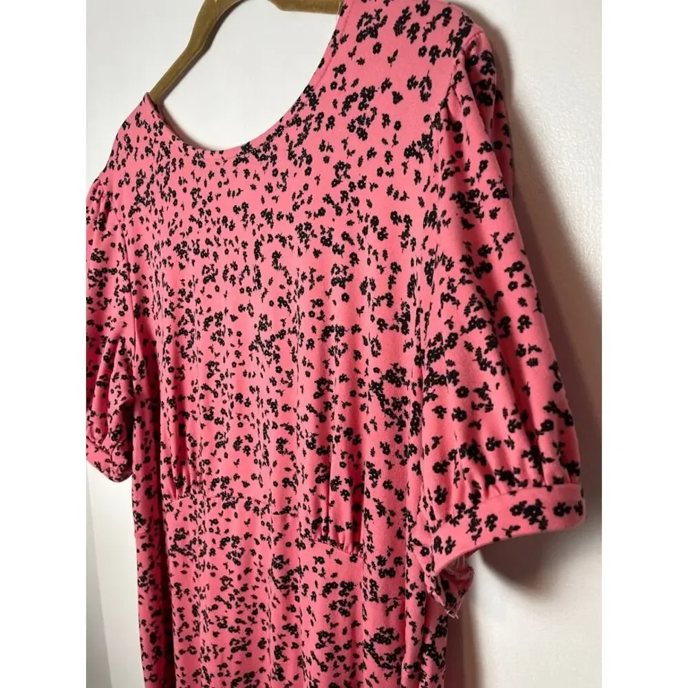 Ditsy Floral Dress Womens 20 Pink Loose Short Sleeve Midi Shirt Dress Scoop Neck